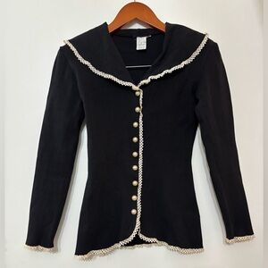 Women Black Ribbed Cotton Peter Pan Bib Collar Button Down Top Blouse Medium